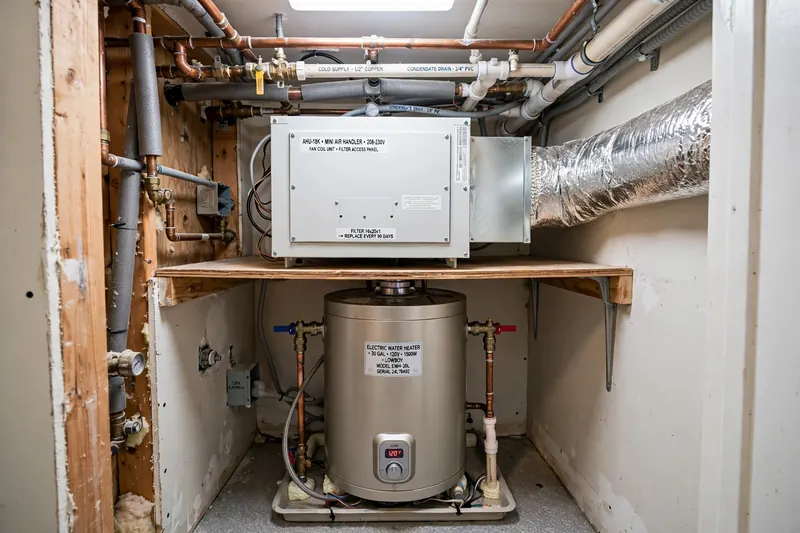 Lowboy water heater under an air handler in a condo closet