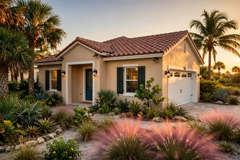 Single-story coastal home in Sarasota, Florida at golden hour