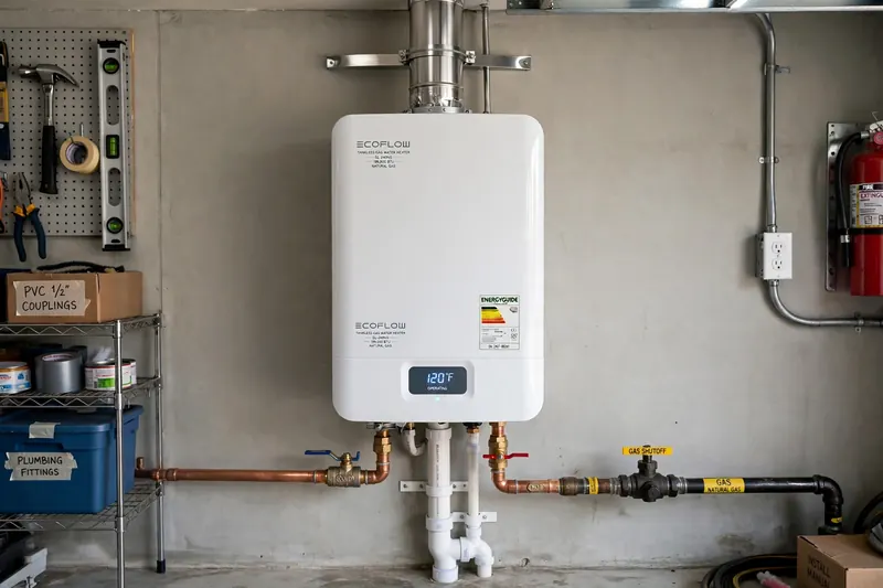Wall-mounted tankless water heater unit in a garage