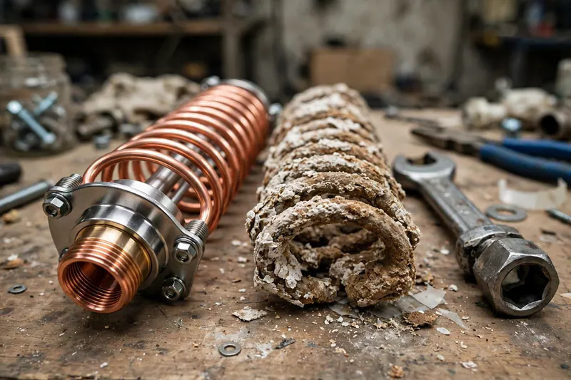 New and scale-covered heating elements on a workbench