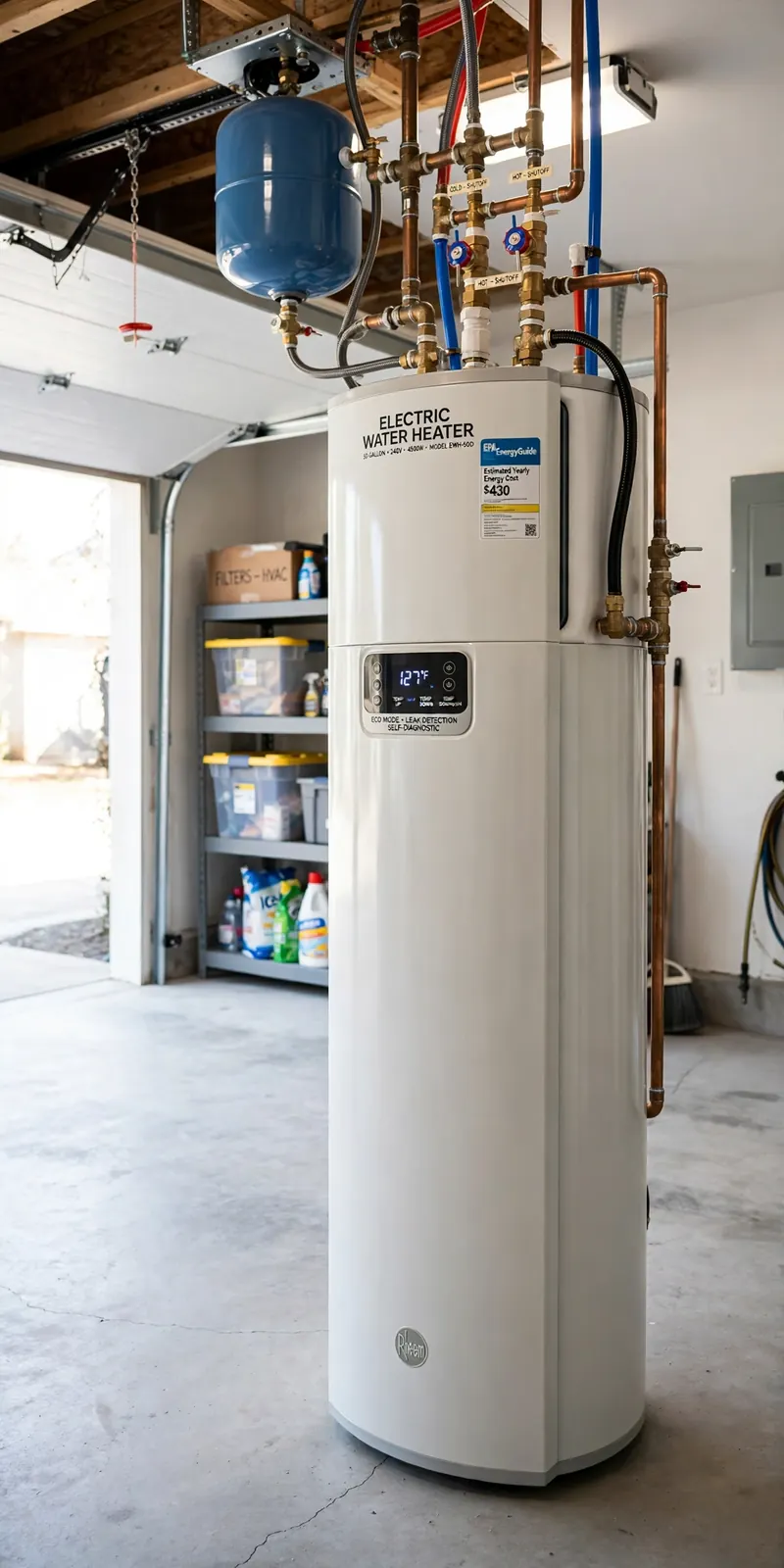 Tall electric tank water heater installed in a bright Sarasota garage